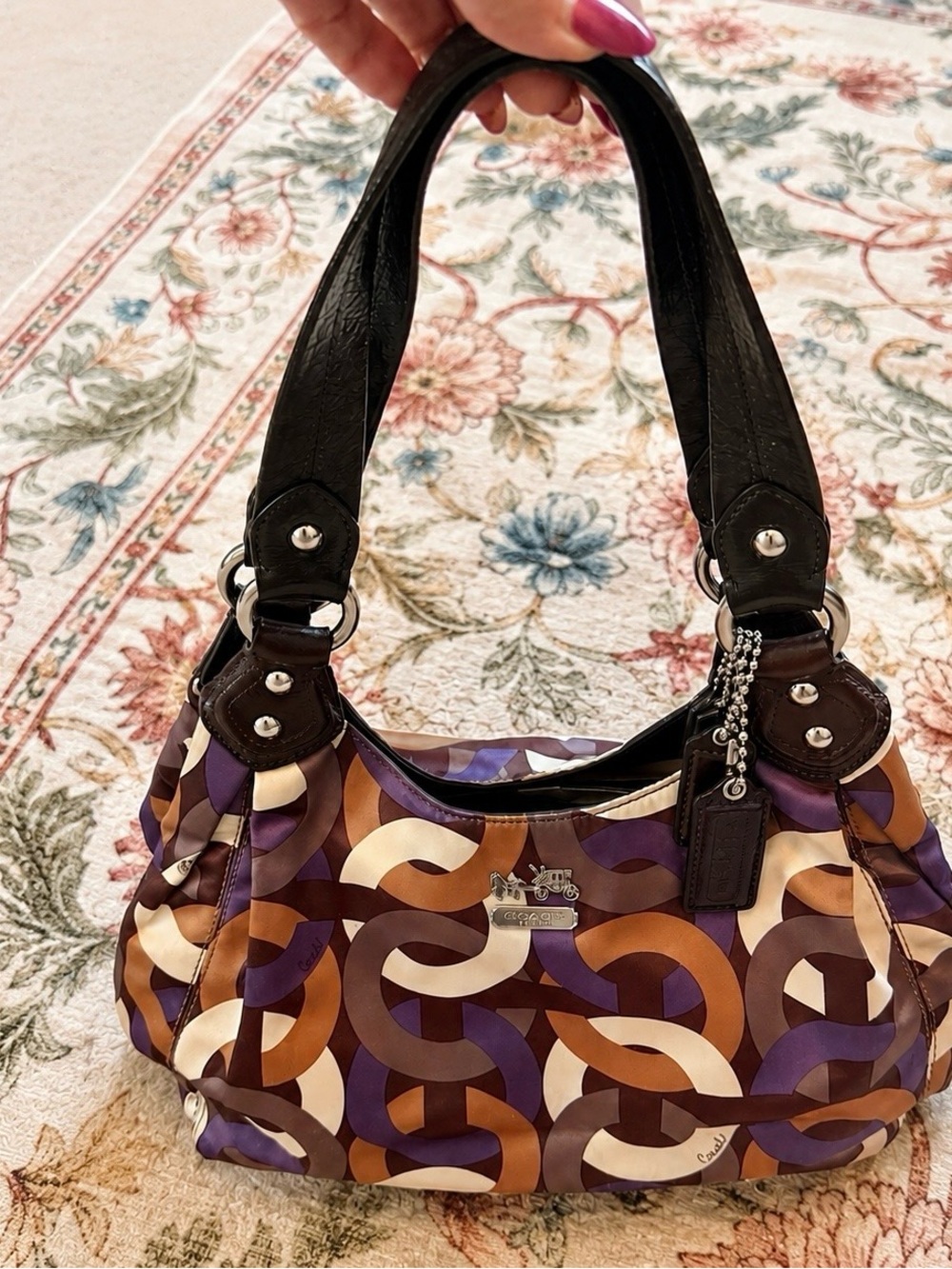 Coach Signature Print Satin Hobo Shoulder Bag Purple Brown Style 14420